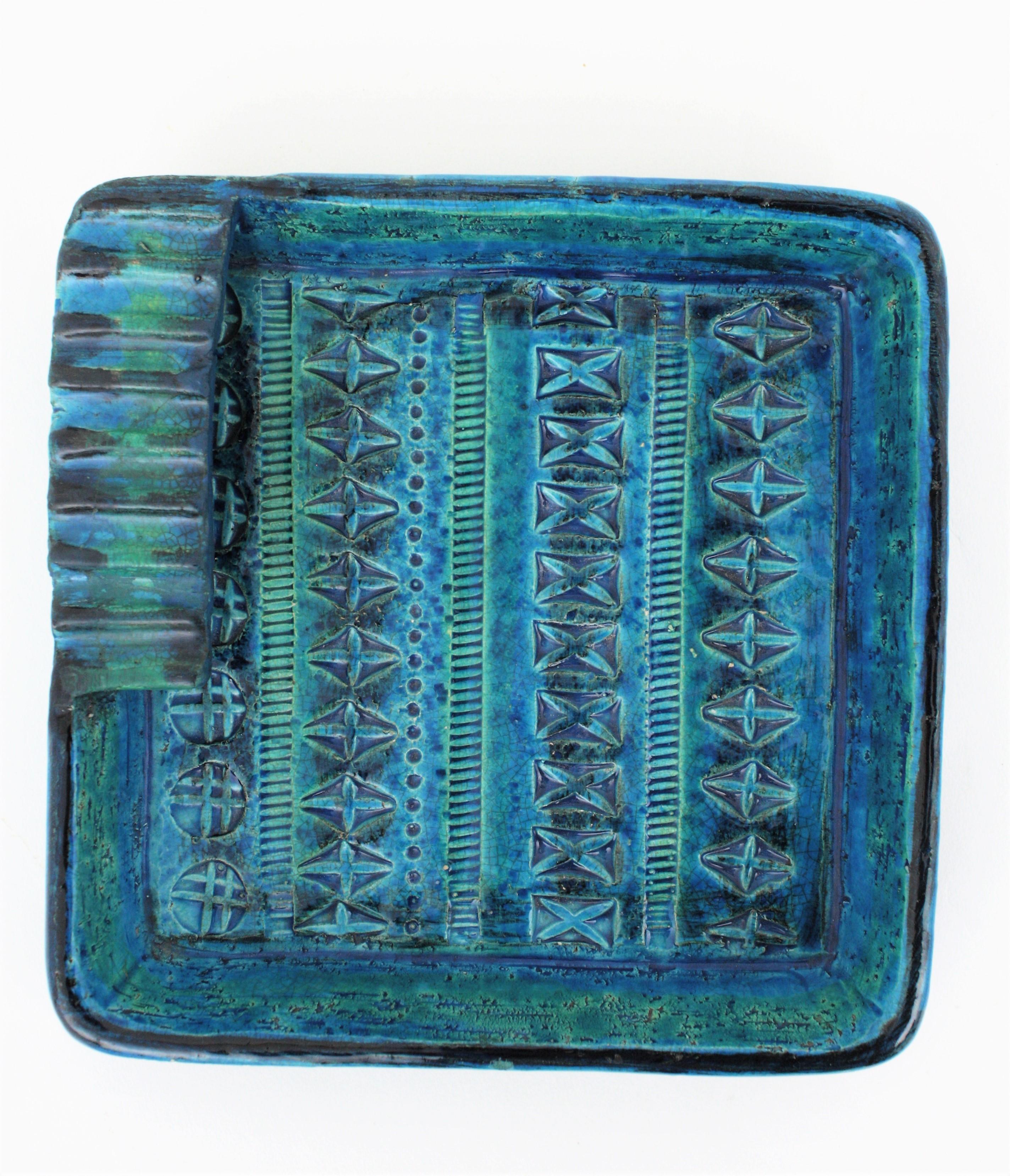 Aldo Londi for Bitossi Rimini Blue Glazed Ceramic Square Ashtray, Italy, 1960s 1