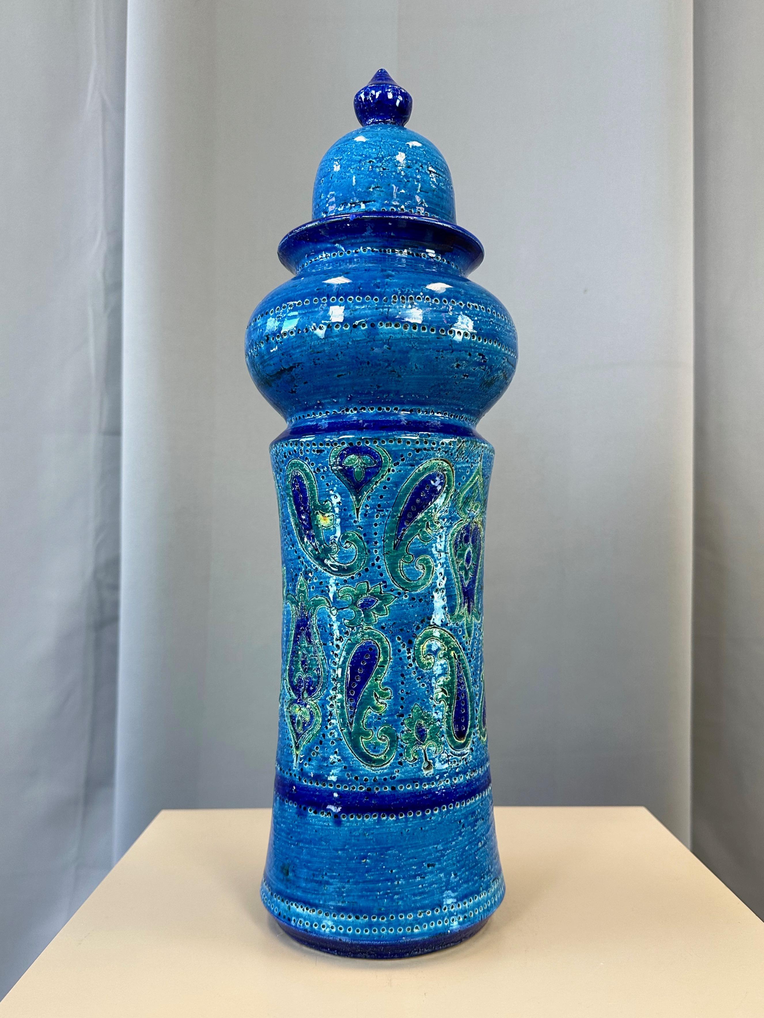 Glazed Aldo Londi for Bitossi Rimini Blue Tall Lidded Jar, 1960s For Sale