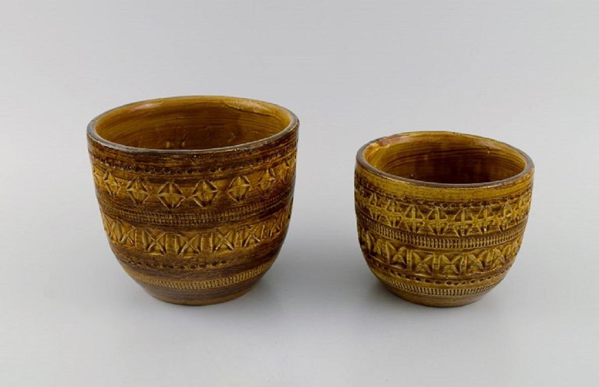 Mid-Century Modern Aldo Londi for Bitossi, Two Flower Pots in Mustard Yellow Glazed Ceramics For Sale
