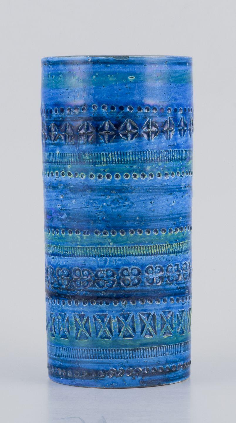 PRE-OWNED GOODS ARE EXEMPT FROM IMPORT TARIFFS FOR U.S., UK, AUSTRALIAN & CANADIAN CUSTOMERS.   
THEREFORE, NO IMPORT TARIFFS WILL BE APPLICABLE TO YOUR PURCHASE. 

Aldo Londi for Bitossi, Italy. 
Vase in Rimini blue glazed ceramic with geometric