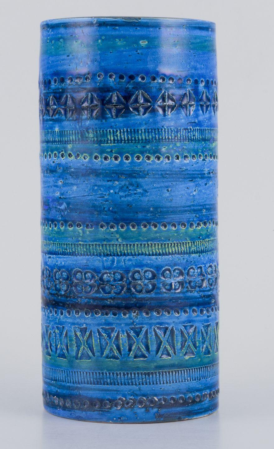 Mid-Century Modern Aldo Londi for Bitossi. Vase in Rimini blue glazed ceramic, geometric pattern For Sale
