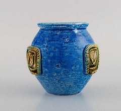 Aldo Londi for Bitossi, Vase in Rimini-Blue Glazed Ceramics Decorated with Birds