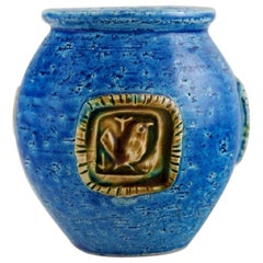 Aldo Londi for Bitossi, Vase in Rimini-Blue Glazed Ceramics Decorated with Birds