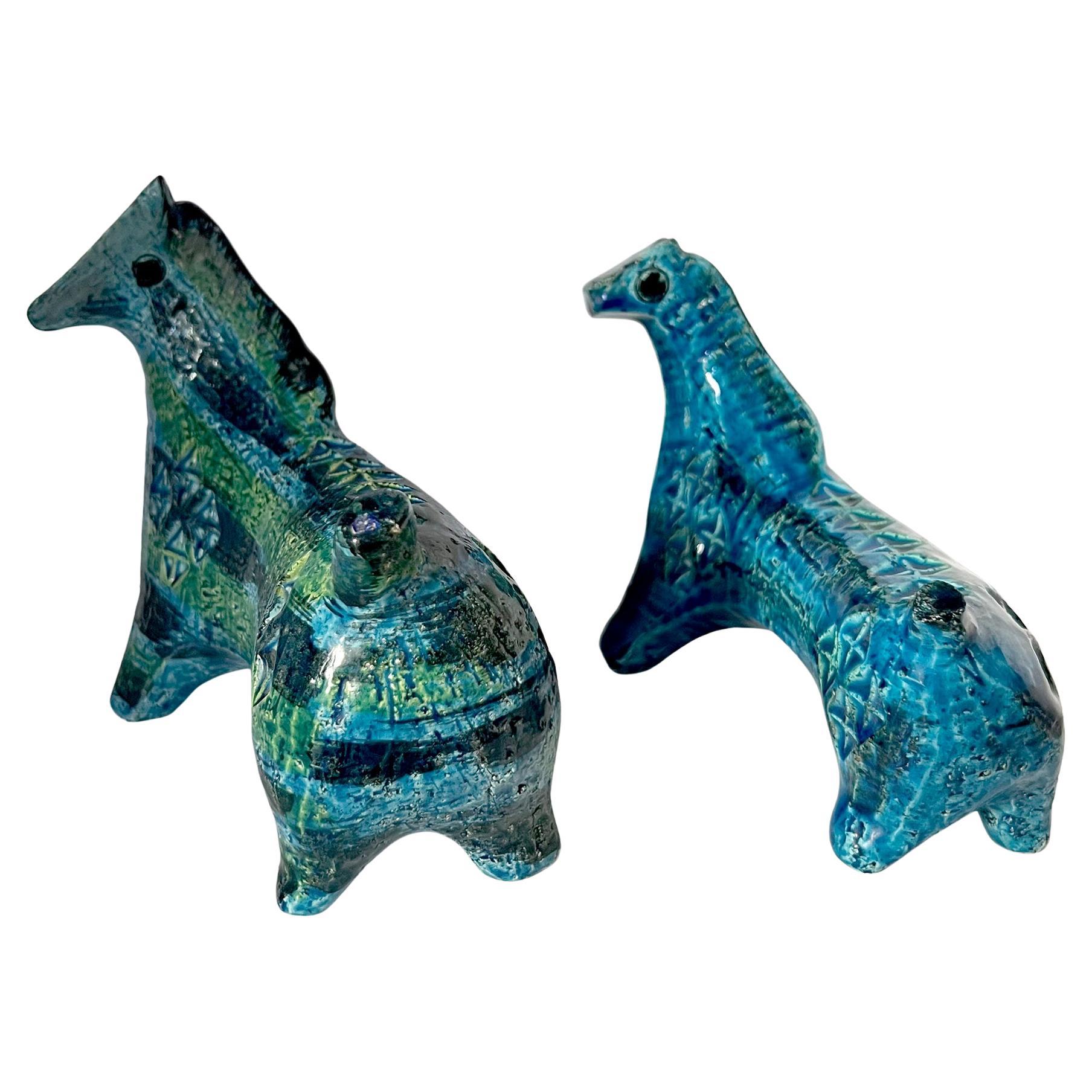 Mid-Century Modern Aldo Londi for Bitossi Vintage Italian Modernist Pair of Blue and Green Horses For Sale