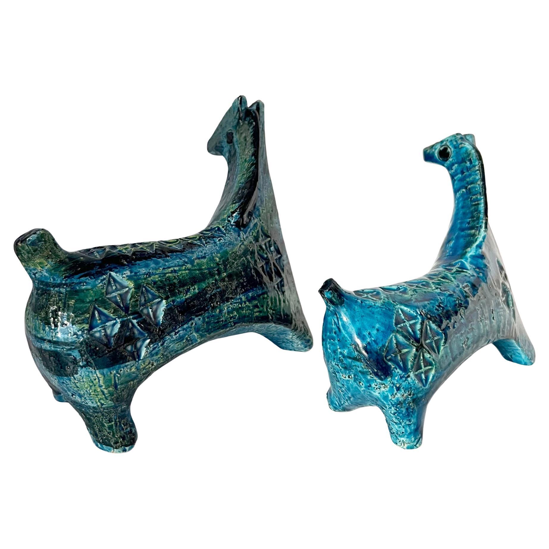 Glazed Aldo Londi for Bitossi Vintage Italian Modernist Pair of Blue and Green Horses For Sale
