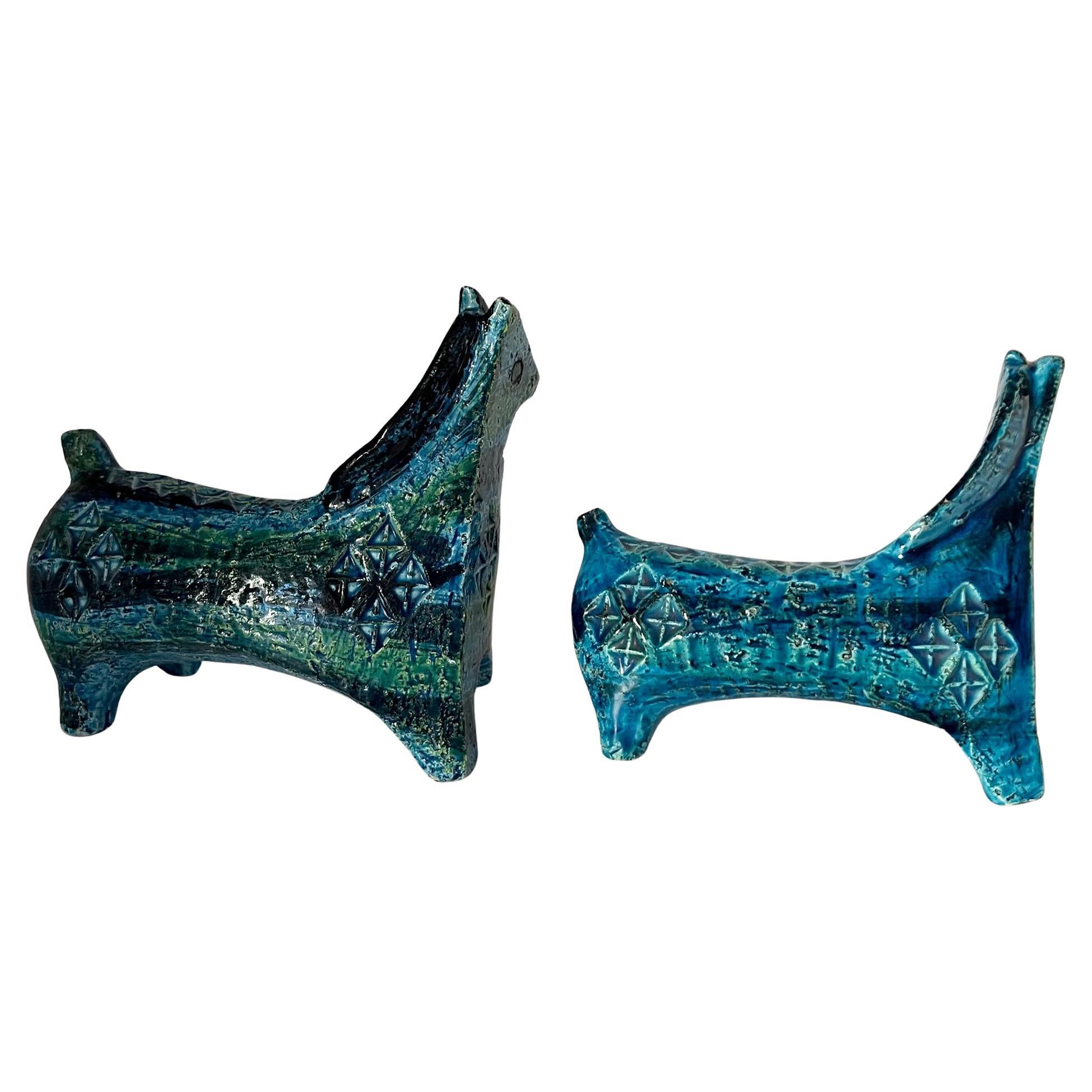 Aldo Londi for Bitossi Vintage Italian Modernist Pair of Blue and Green Horses In Good Condition For Sale In Palm Springs, CA