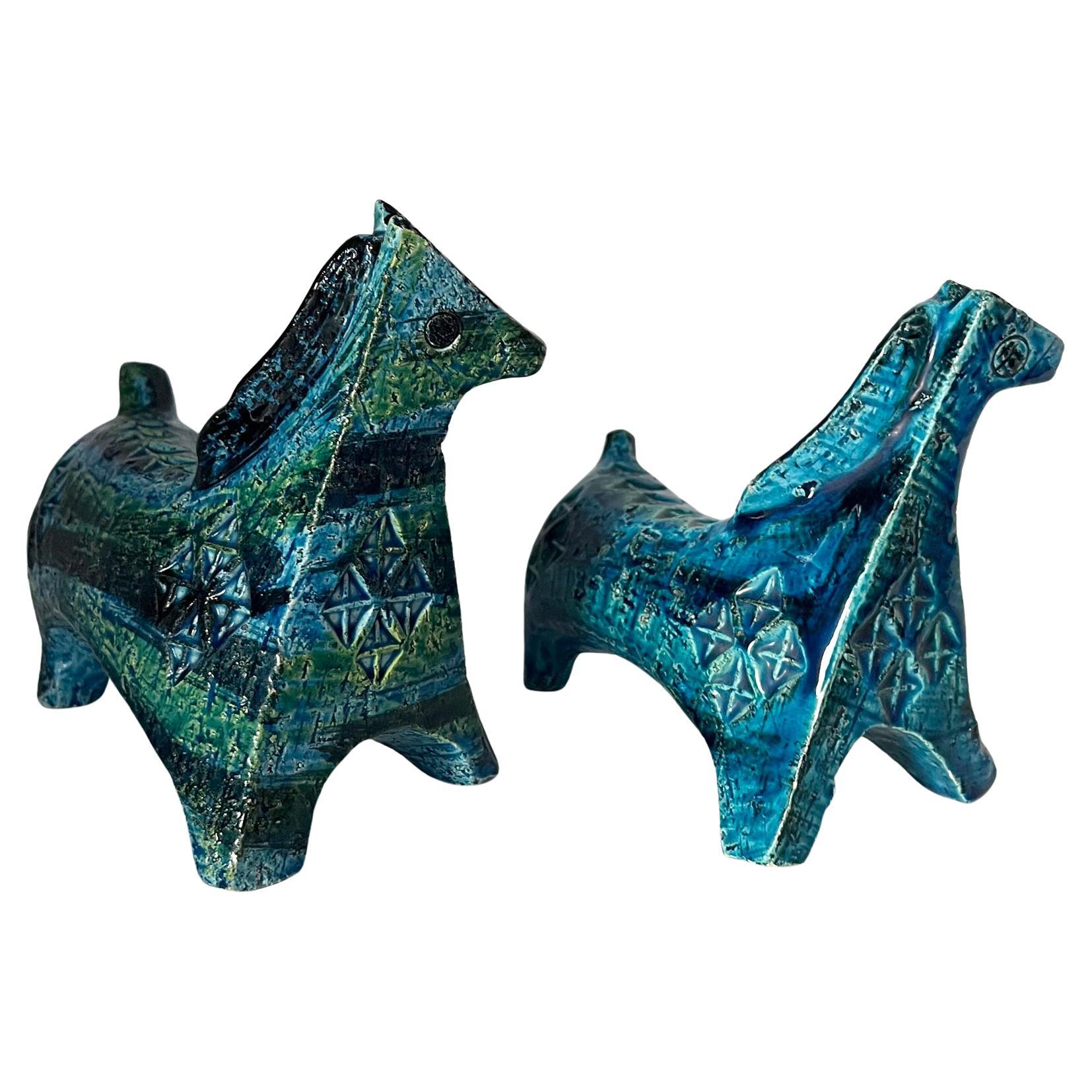 Mid-20th Century Aldo Londi for Bitossi Vintage Italian Modernist Pair of Blue and Green Horses For Sale