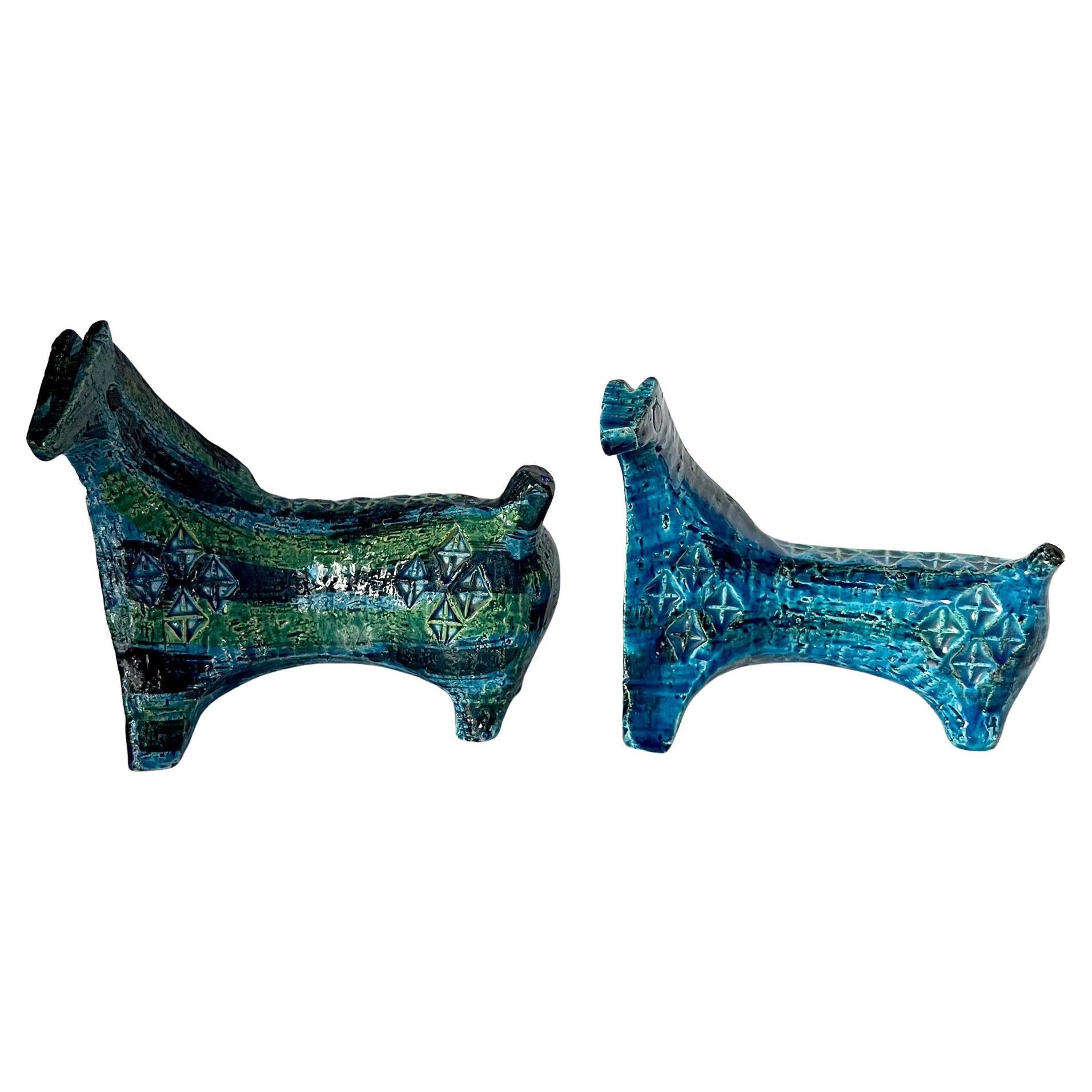 Ceramic Aldo Londi for Bitossi Vintage Italian Modernist Pair of Blue and Green Horses For Sale
