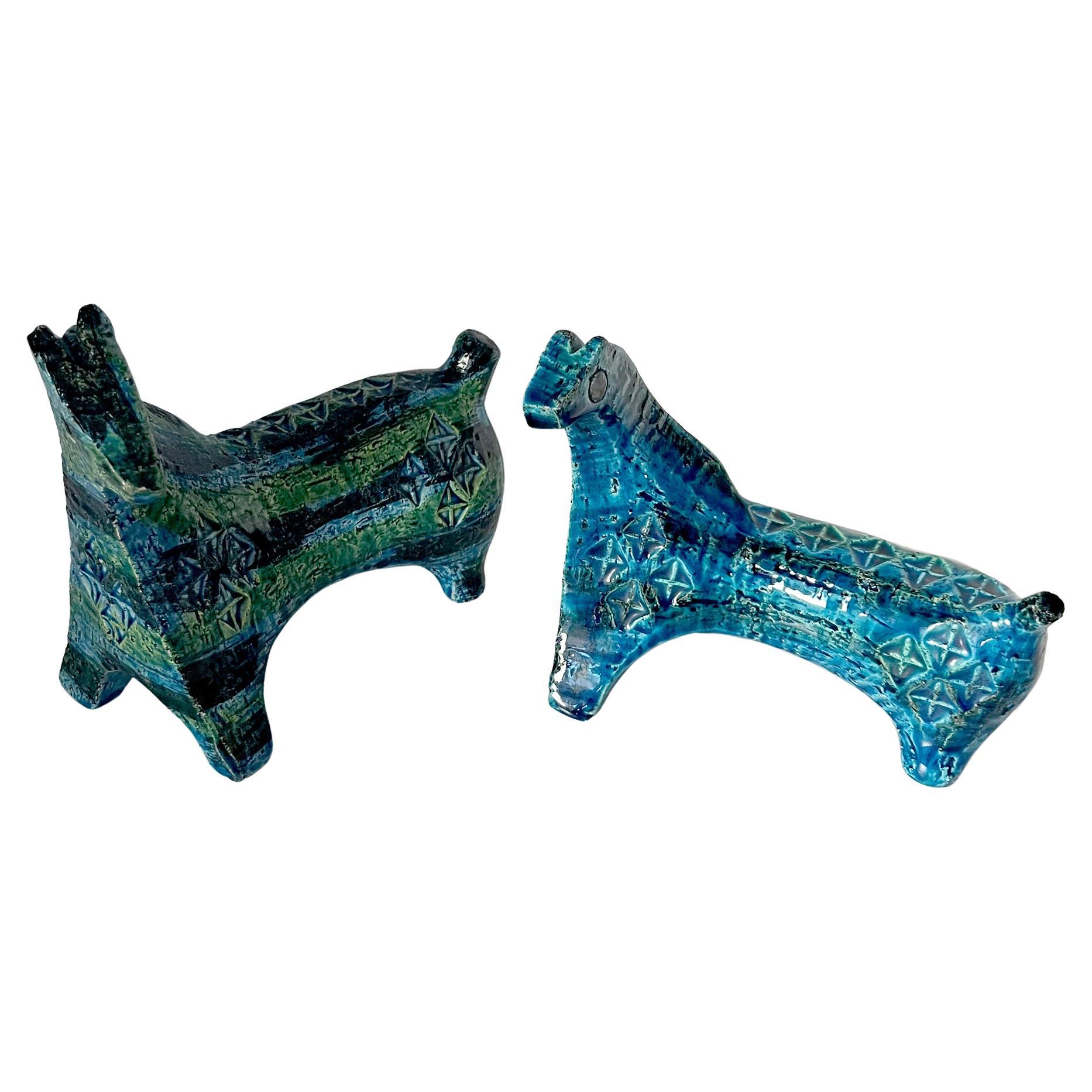 Aldo Londi for Bitossi Vintage Italian Modernist Pair of Blue and Green Horses For Sale 1