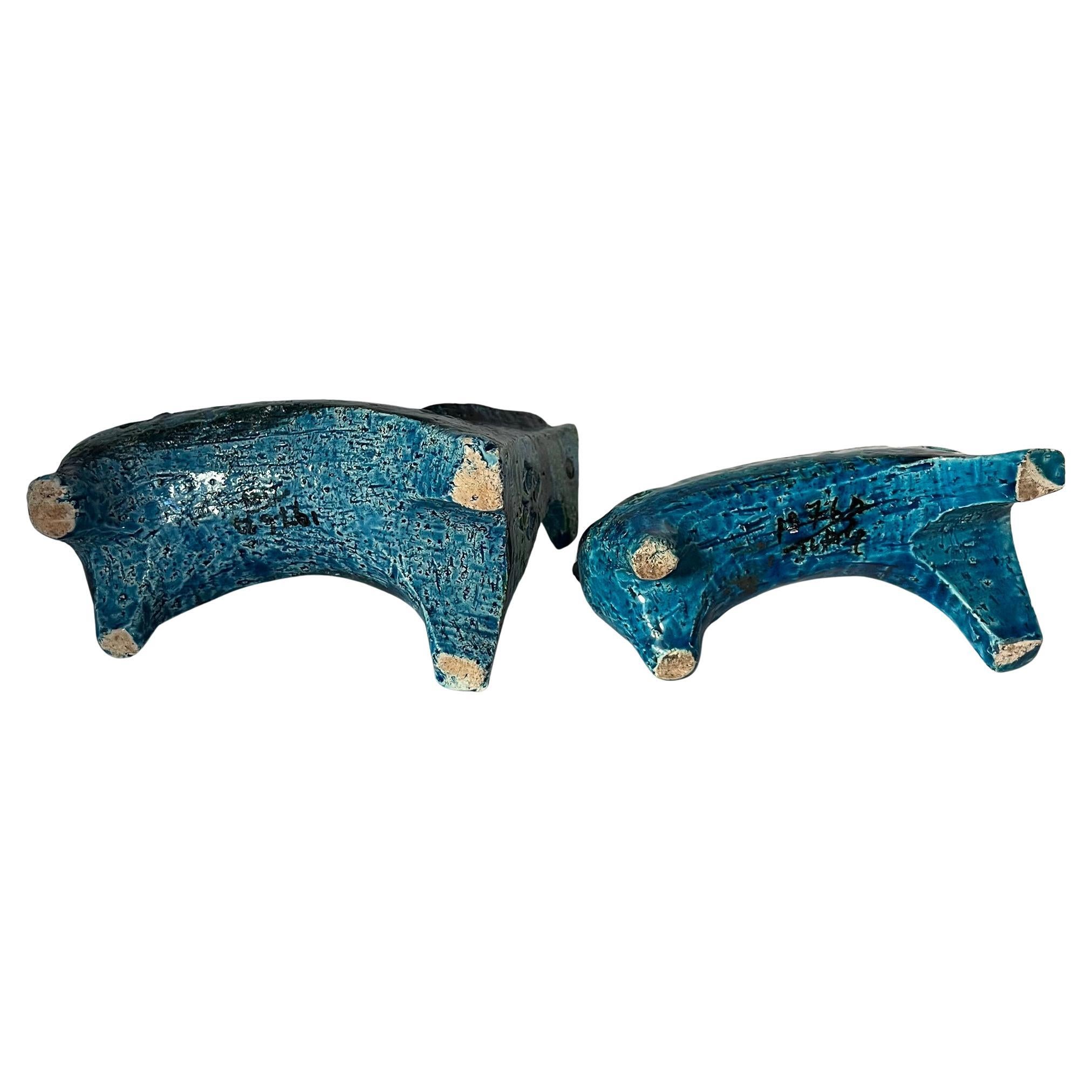 Aldo Londi for Bitossi Vintage Italian Modernist Pair of Blue and Green Horses For Sale 2