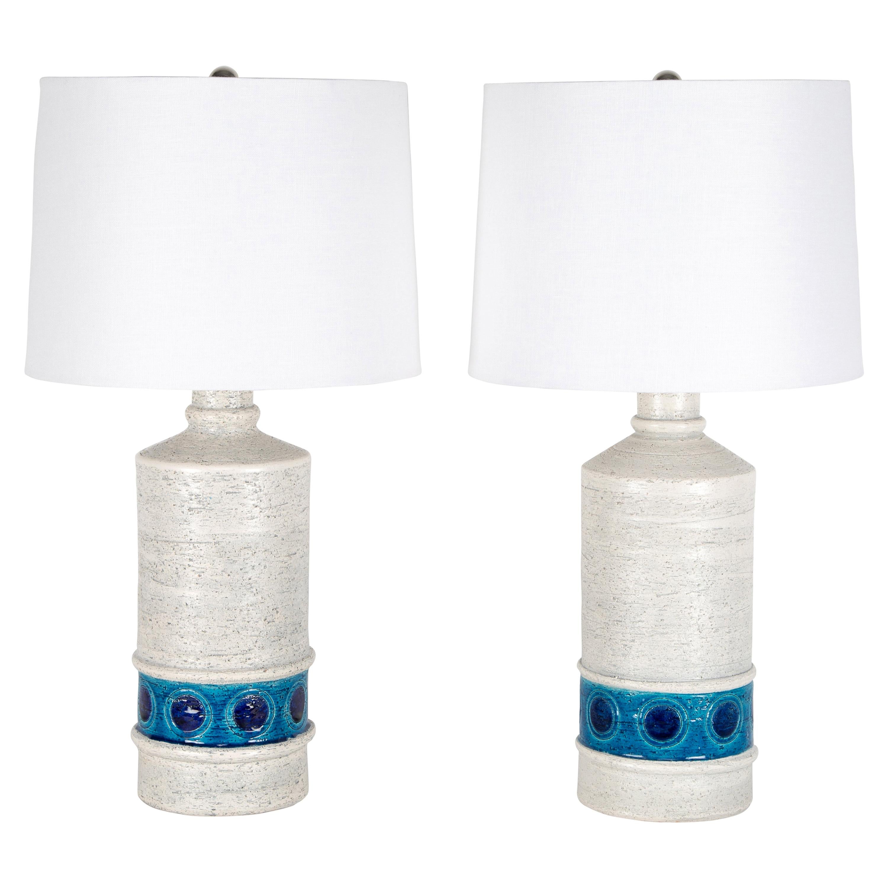 Aldo Londi for Bitossi White and Blue Ceramic Table Lamps, circa 1950s For Sale