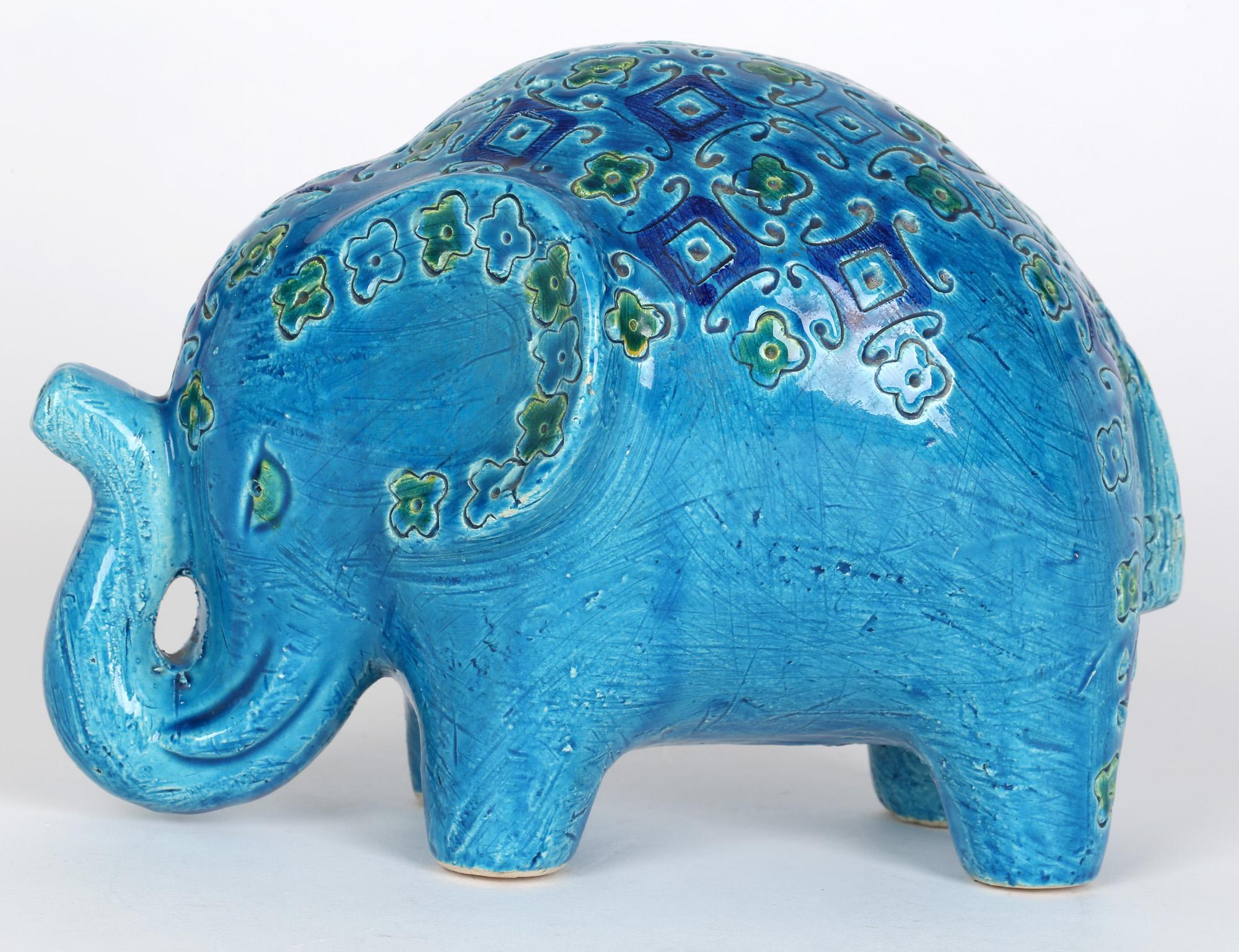Glazed Aldo Londi Italian Bitossi Rimini Blu Stylized Pottery Elephant Figure
