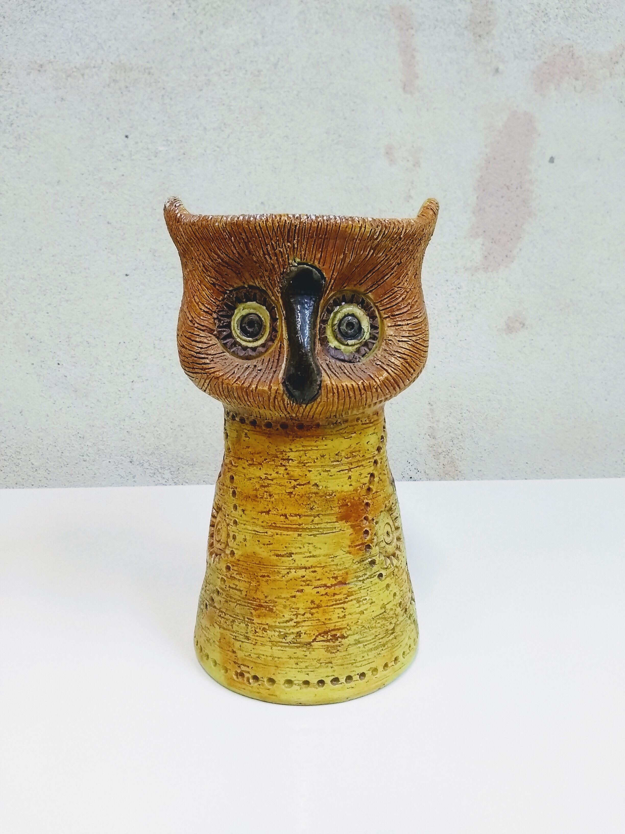 A hand-thrown ceramic owl (candle votive) designed by iconic Italian ceramicist Aldo Londi for Bitossi Ceramics, imported to the USA by Rosenthal and Netter in the 1950s.

A playful, figural abstract in sunny yellow ochre, brown-orange and green