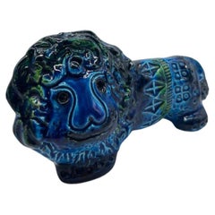 Aldo Londi Lion Figurine, Blue Glazed, Bitossi, Mid 20th Century