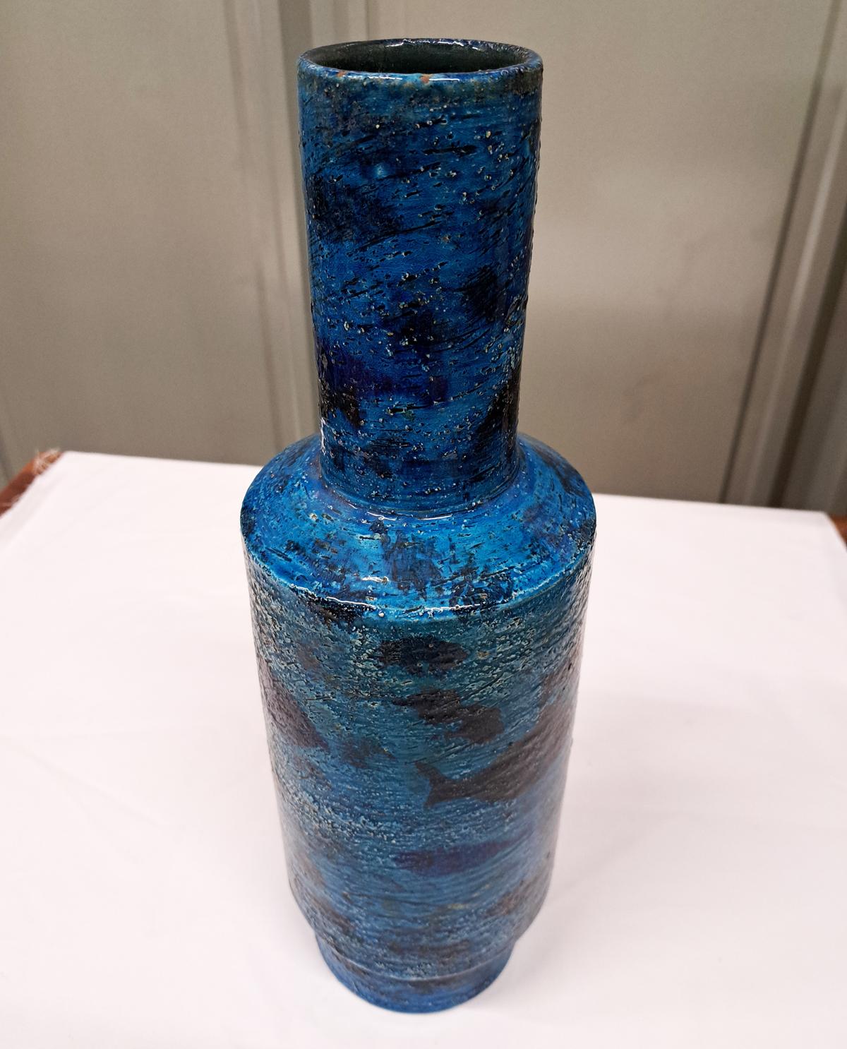 Mid-Century Modern Vase Pesce d'Aldo Londi, série Rimini Blu, vase en céramique poisson pour Bitossi, années 1950