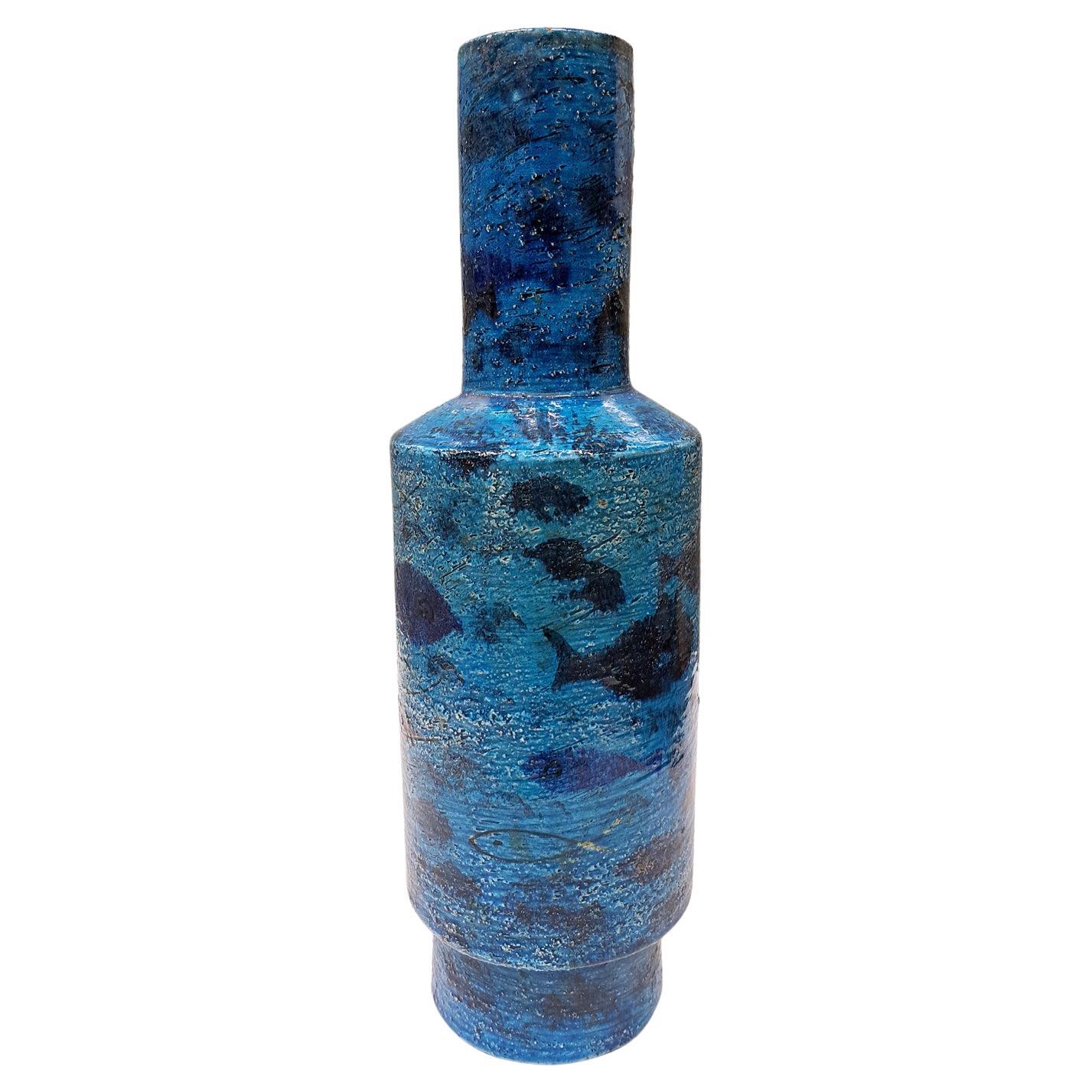 Vase Pesce d'Aldo Londi, série Rimini Blu, vase en céramique poisson pour Bitossi, années 1950