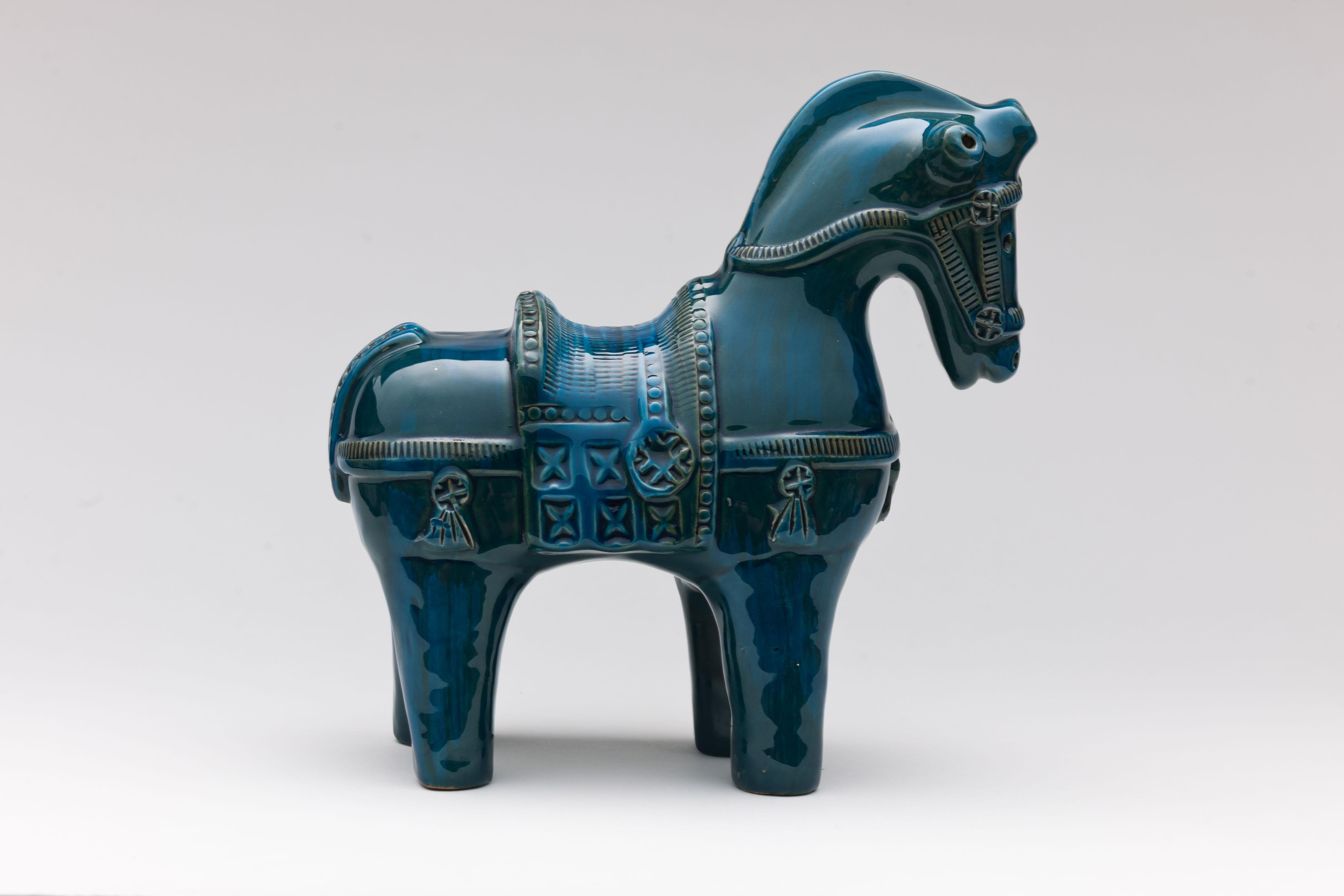 Aldo Londi Rimini Petrol Blue Ceramic Horse by Bitossi Italy  In Good Condition In Utrecht, NL