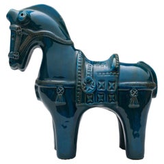 Aldo Londi Rimini Petrol Blue Ceramic Horse de Bitossi Italie 