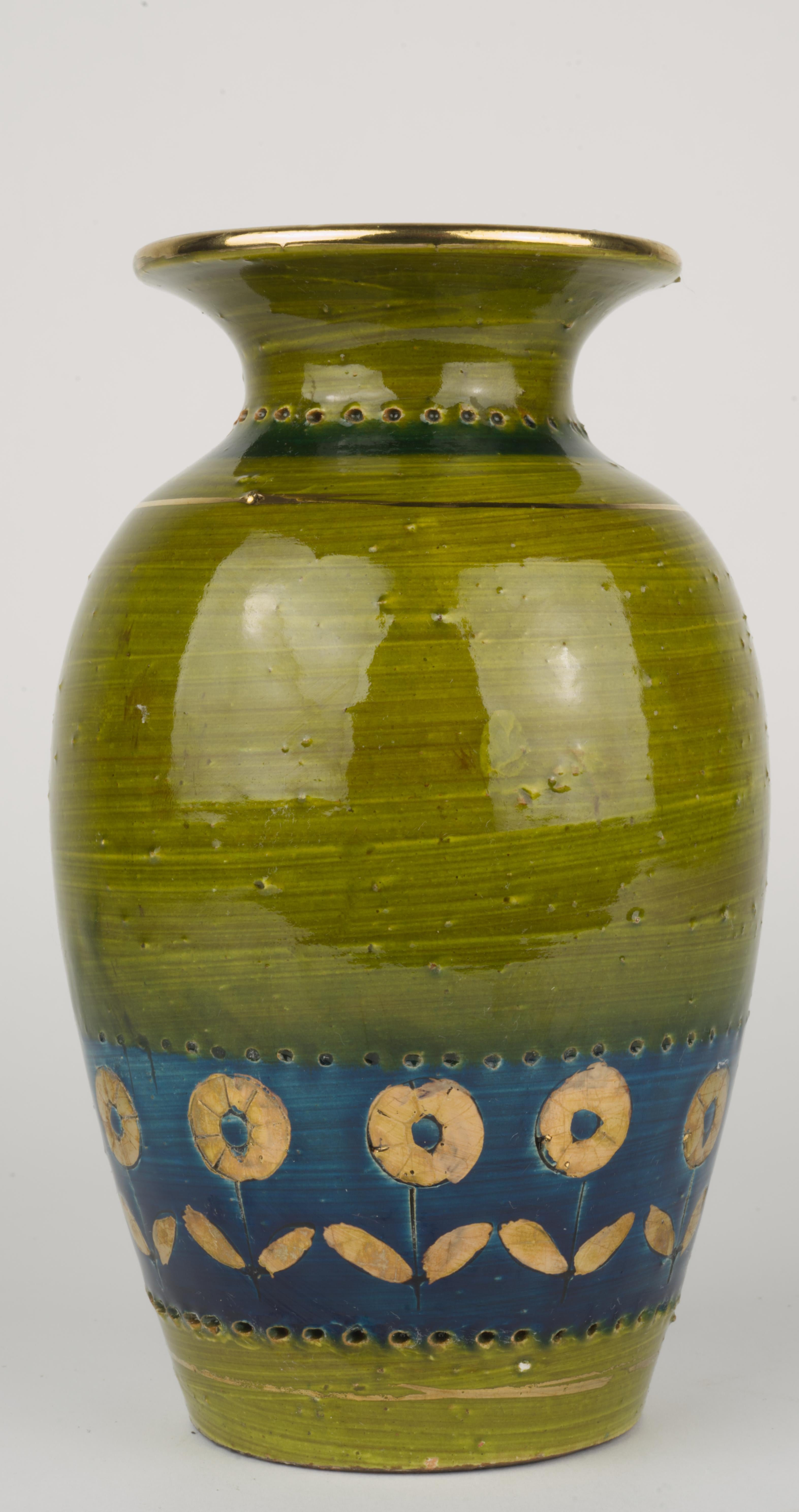 Mid-Century Modern Aldo Londi Thai Silk Vase, Bitossi for Rosenthal Netter, Blue, Green, Gold For Sale