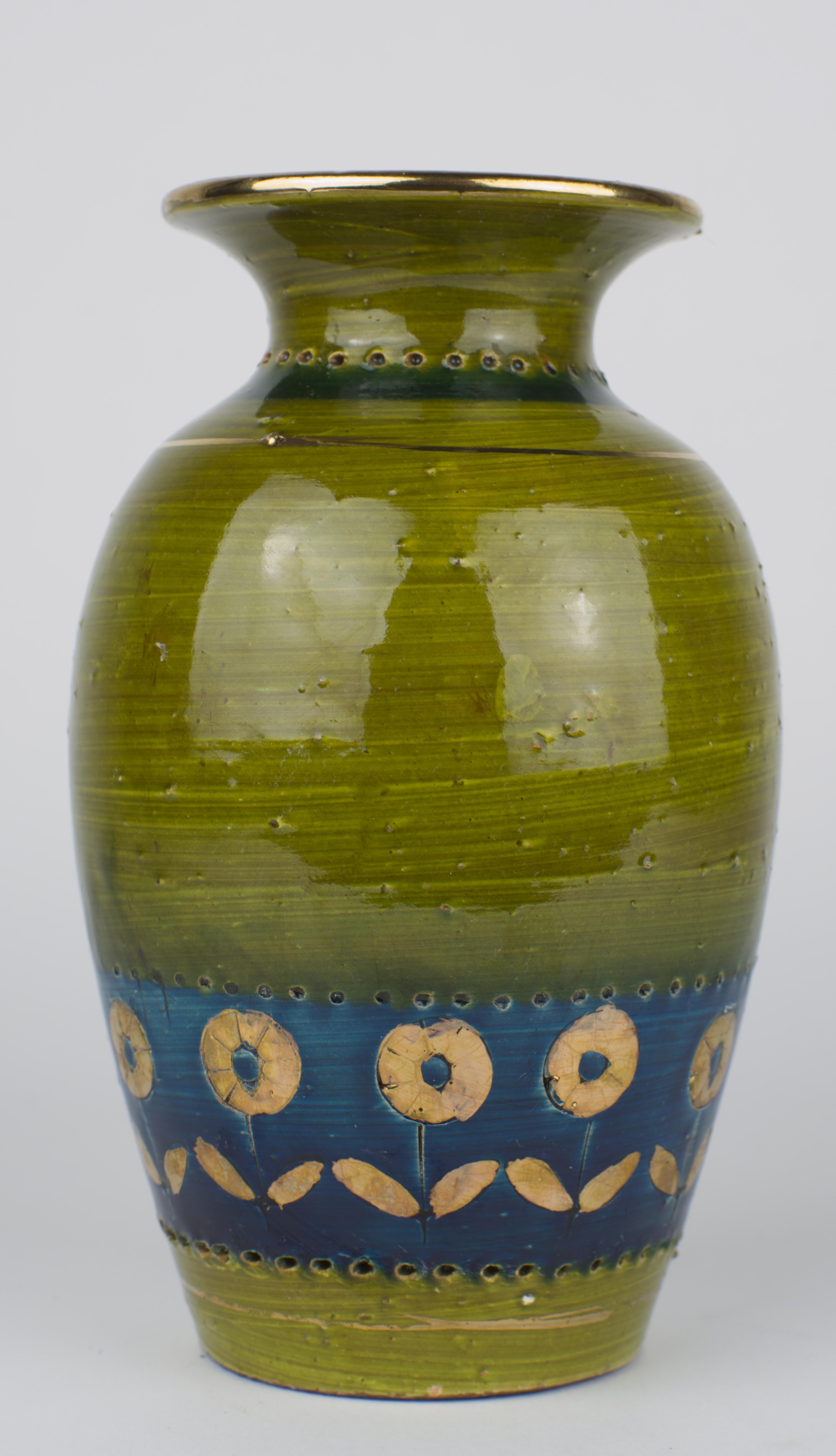 Pottery Aldo Londi Thai Silk Vase, Bitossi for Rosenthal Netter, Blue, Green, Gold For Sale