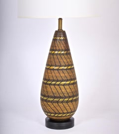 Aldo Londi Cocoa Pottery Table Lamp with Rust & Yellow Geometrics, 1950s