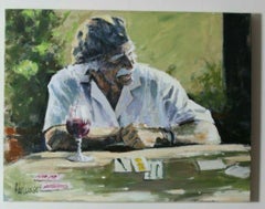 Aldo Luongo Oil on Canvas "Hawk with Wine and Cards" 26" x 34"