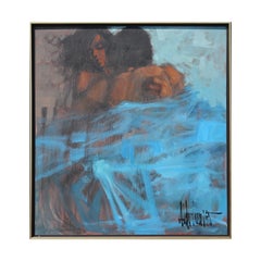 Große blau und braun getönten abstrakten figurativen Paar Mixed Media Painting