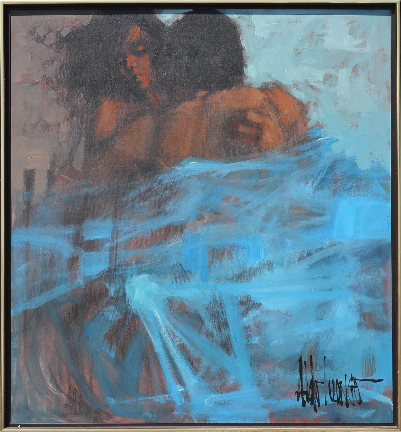 Aldo Luongo Figurative Painting - Large Blue and Brown Toned Abstract Figurative Couple Mixed Media Painting