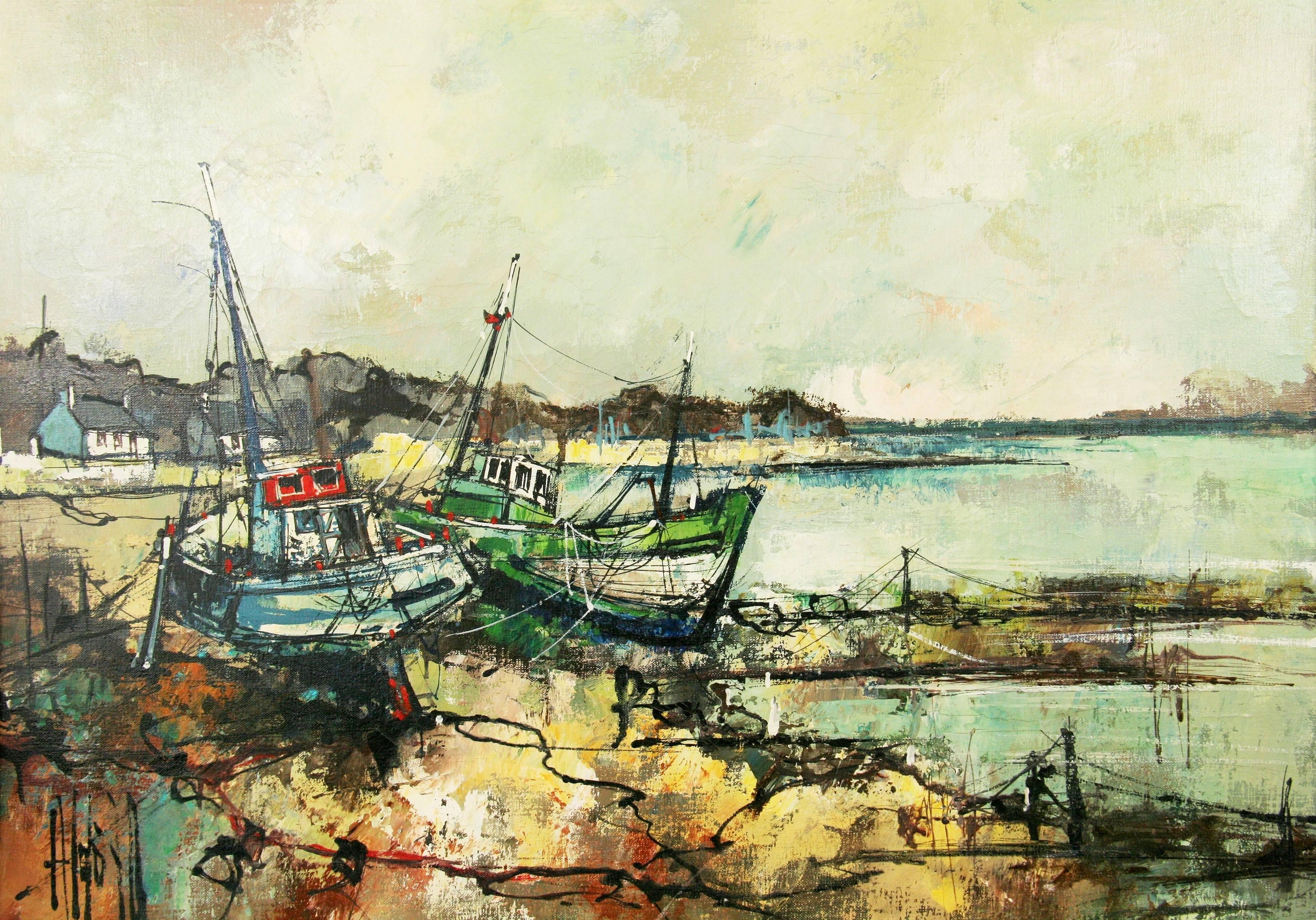 Aldo Luongo Landscape Painting -   Impressionist Fishing Boat in a Harbor Scene Seascape by A.Luongo 1940