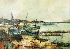 Impressionist Fishing Boat in a Harbor Scene Seascape by A.Luongo 1940