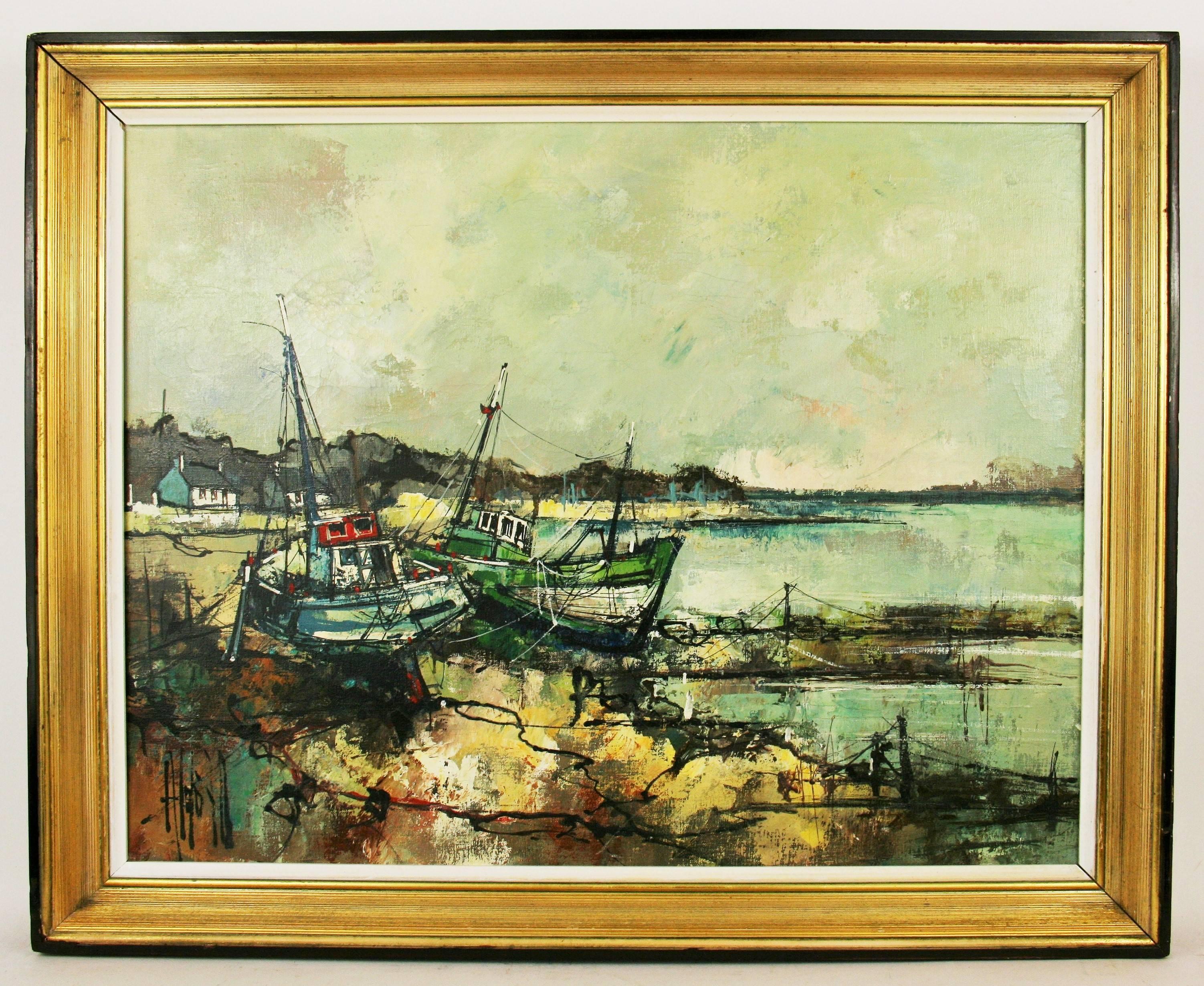   Impressionist Fishing Boat in a Harbor Scene Seascape by A.Luongo 1940 - Painting by Aldo Luongo