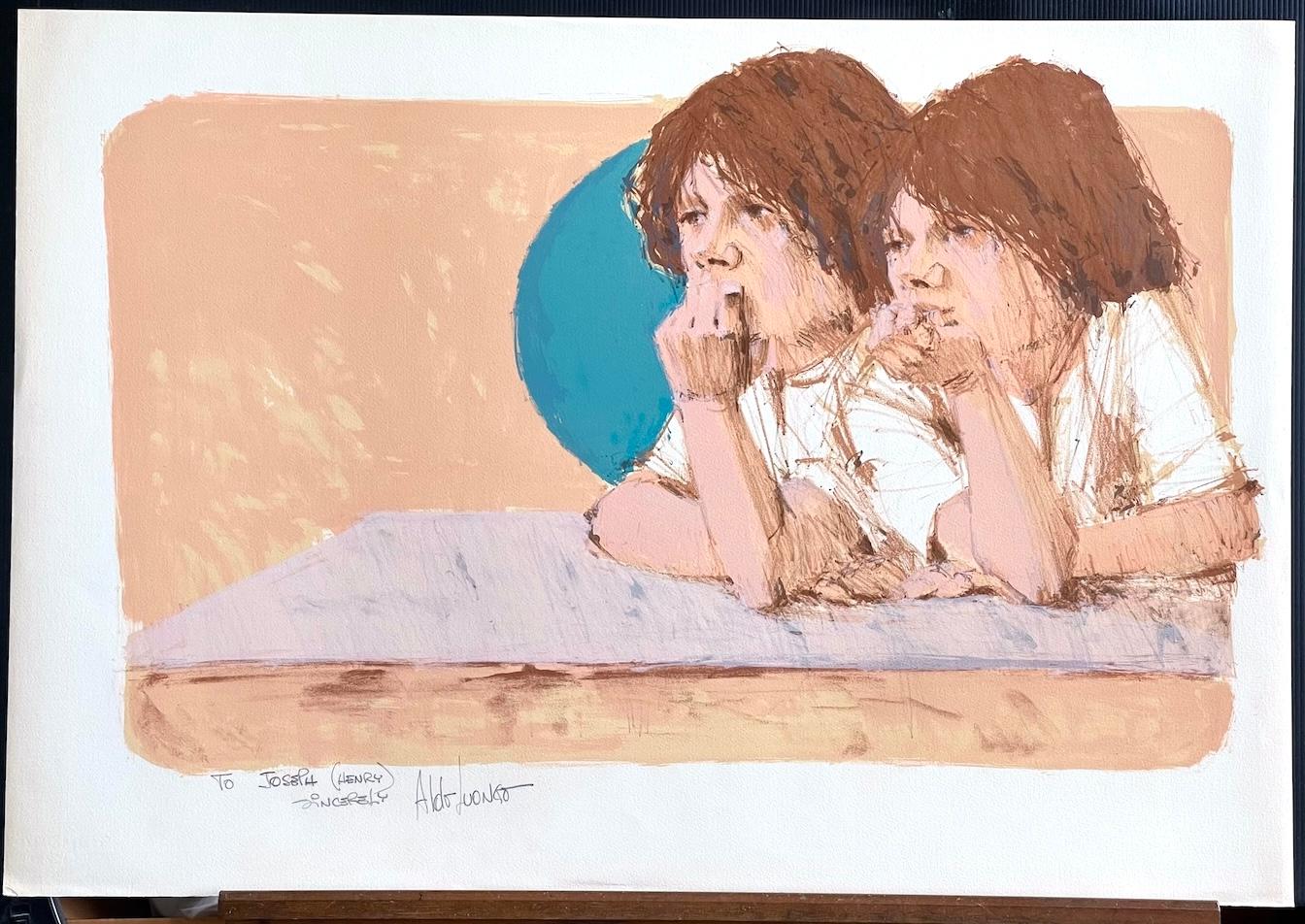 HERMANOS Litografía firmada, Retrato contemporáneo, Dos chicos jóvenes, Melocotón, Marrón en venta 4