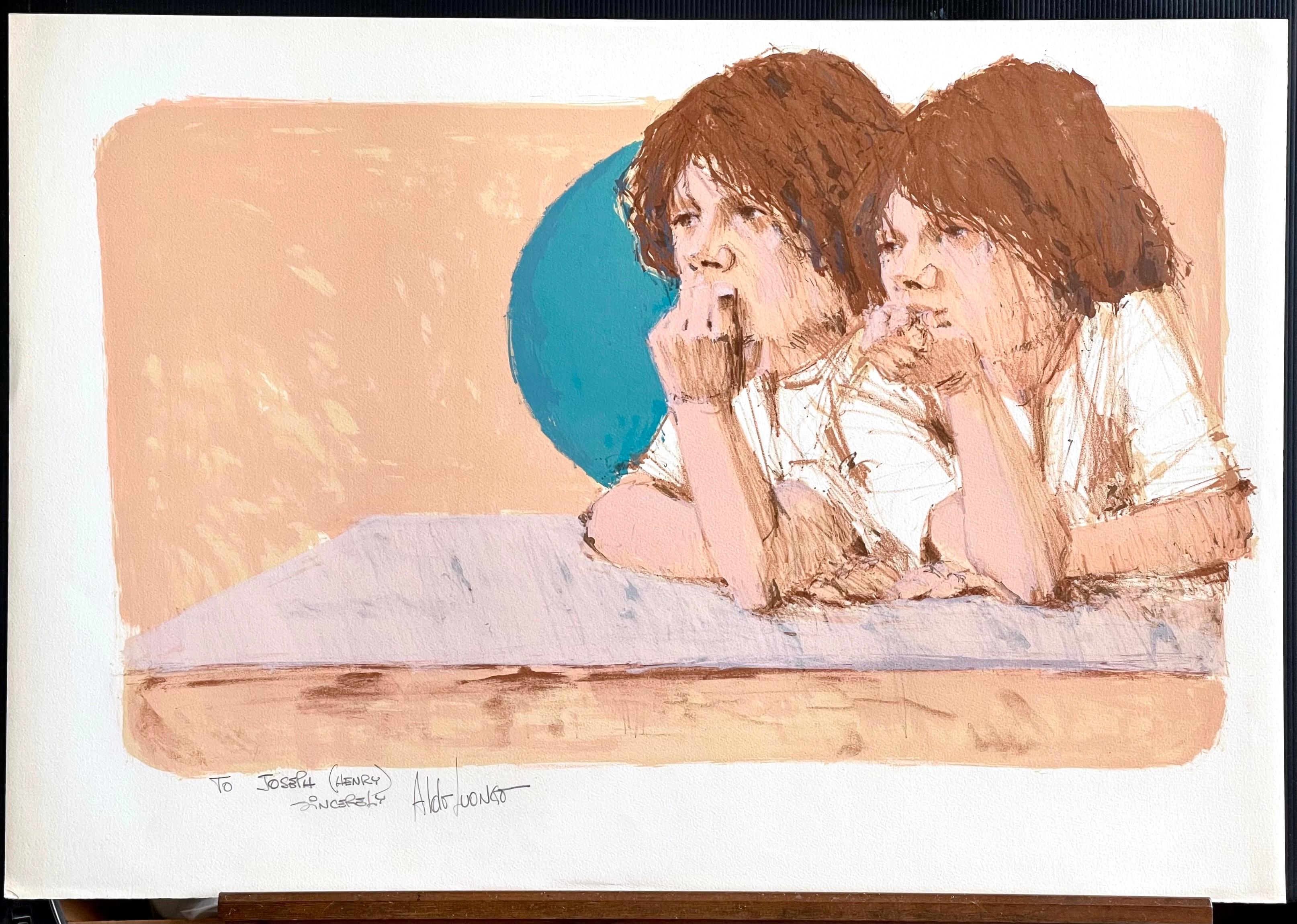 BROTHERS Signed Lithograph, Contemporary Portrait, Two Young Boys, Peach, Brown - Print by Aldo Luongo