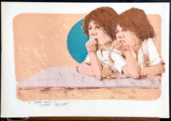HERMANOS Litografía firmada, Retrato contemporáneo, Dos chicos jóvenes, Melocotón, Marrón