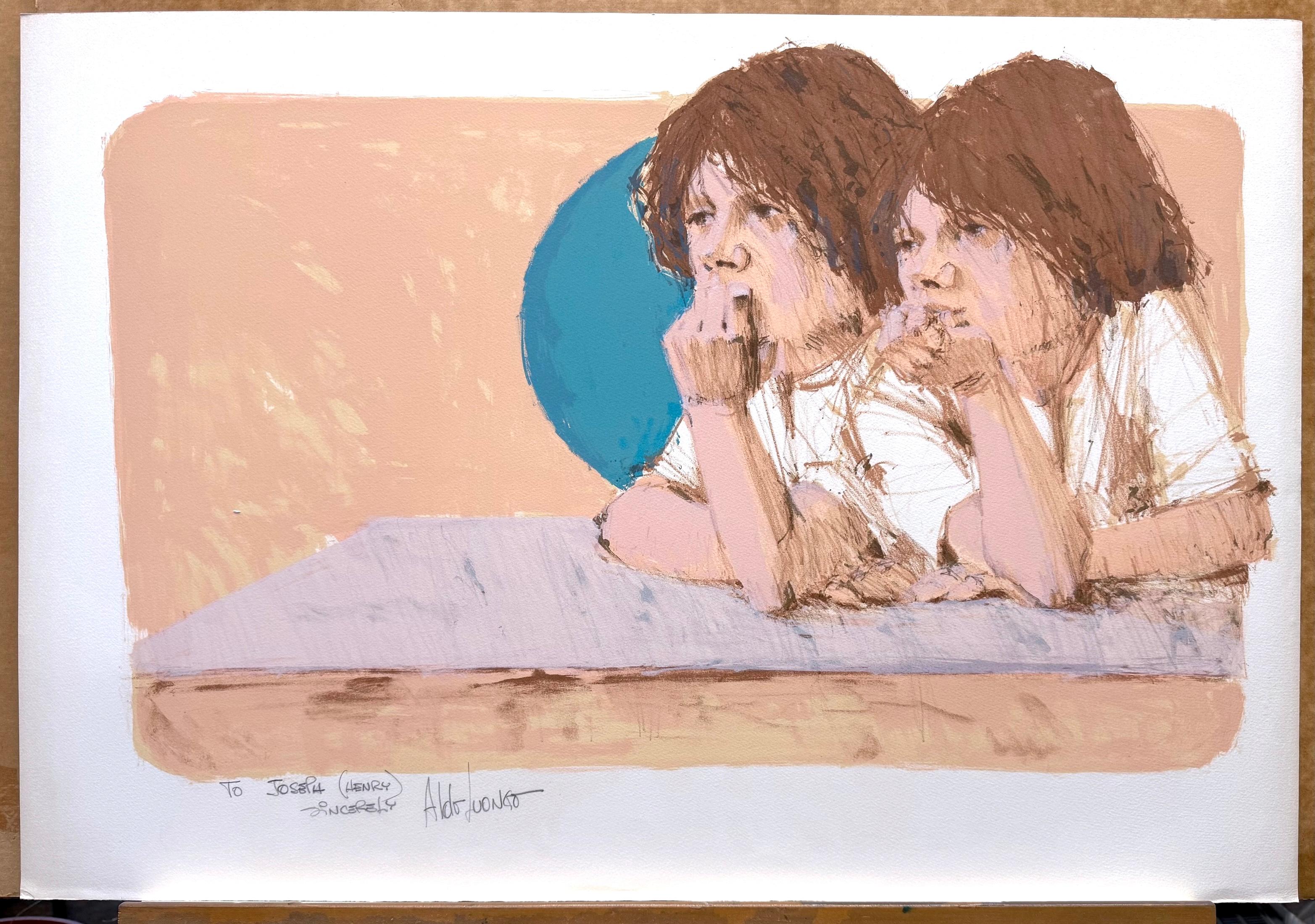 BROTHERS Signed Lithograph, Contemporary Portrait, Two Young Boys, Peach, Brown For Sale 2