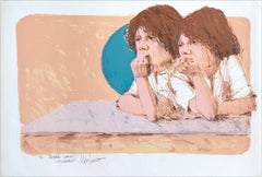HERMANOS Litografía firmada, Retrato contemporáneo, Dos chicos jóvenes, Melocotón, Marrón