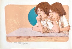 BROTHERS Signierte Lithographie, Zeitgenössisches Porträt, Zwei Jungen, Pfirsich, Braun
