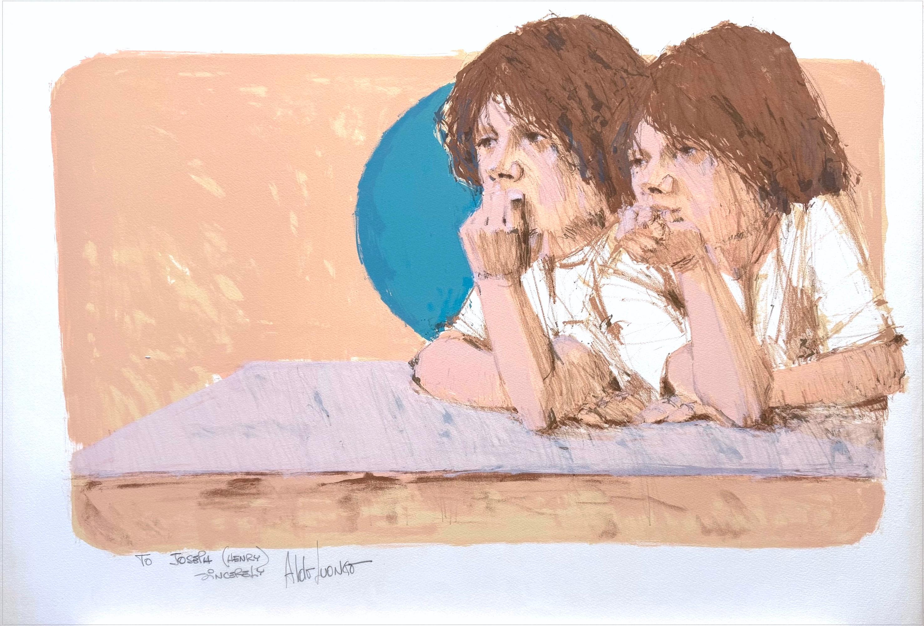 BROTHERS Signed Lithograph, Contemporary Portrait, Two Young Boys, Peach, Brown
