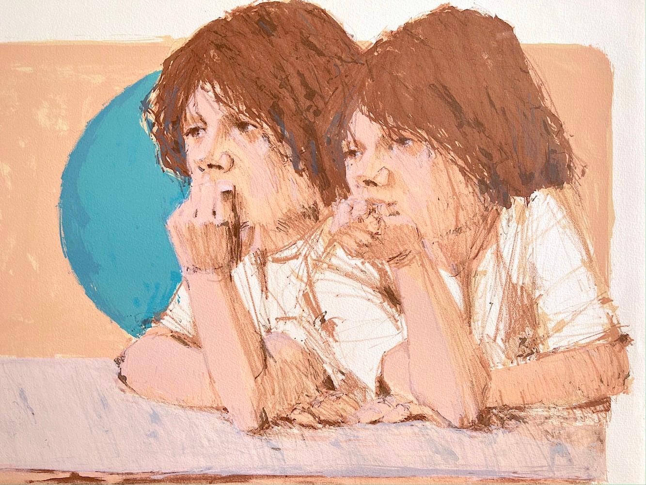 BROTHERS Signed Lithograph, Portrait Young Boys, Peach, Turquoise, Pink, Brown - Print by Aldo Luongo
