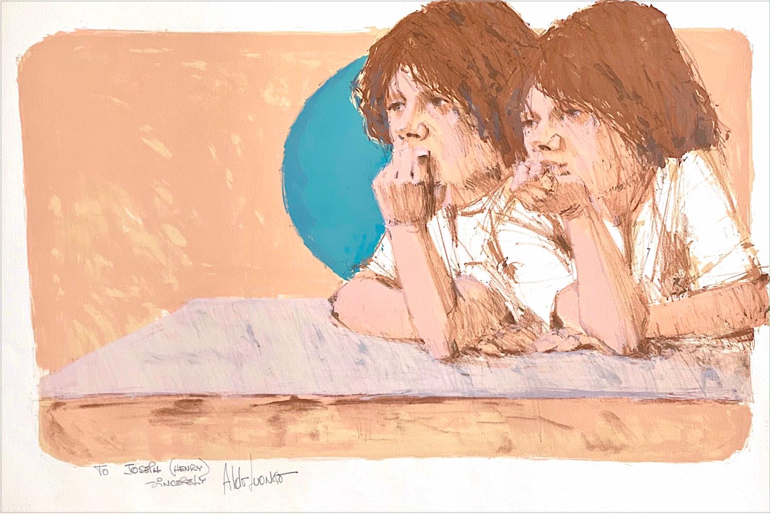 Aldo Luongo Portrait Print - BROTHERS Signed Lithograph, Portrait Young Boys, Peach, Turquoise, Pink, Brown