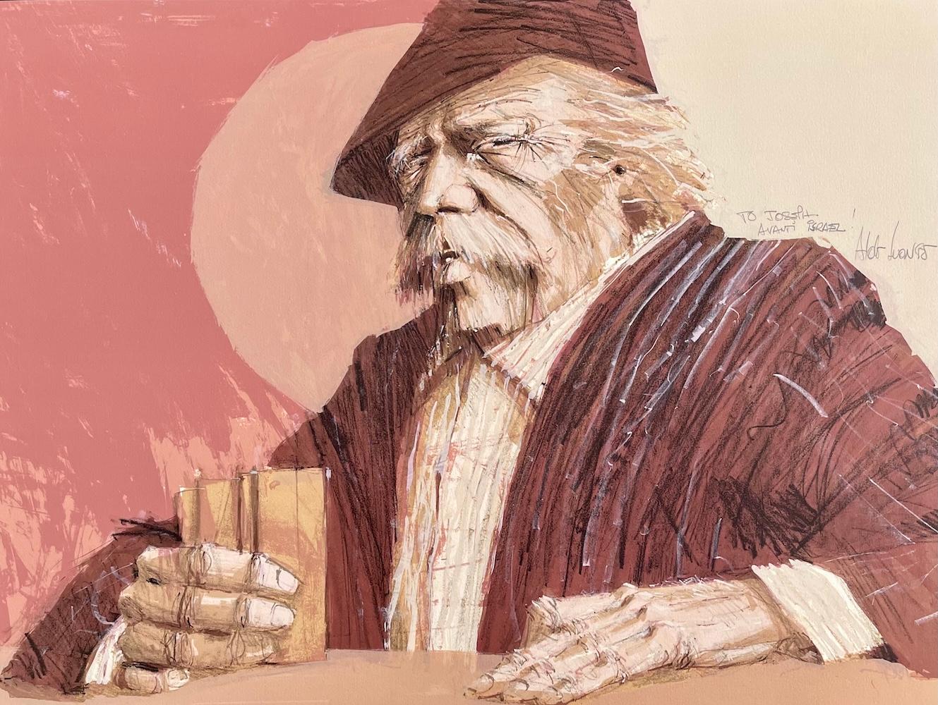 THE HAWK Litografia firmata, Ritratto di uomo con baffi, faccia da poker, rosa marrone - Figurative Print Marrone di Aldo Luongo