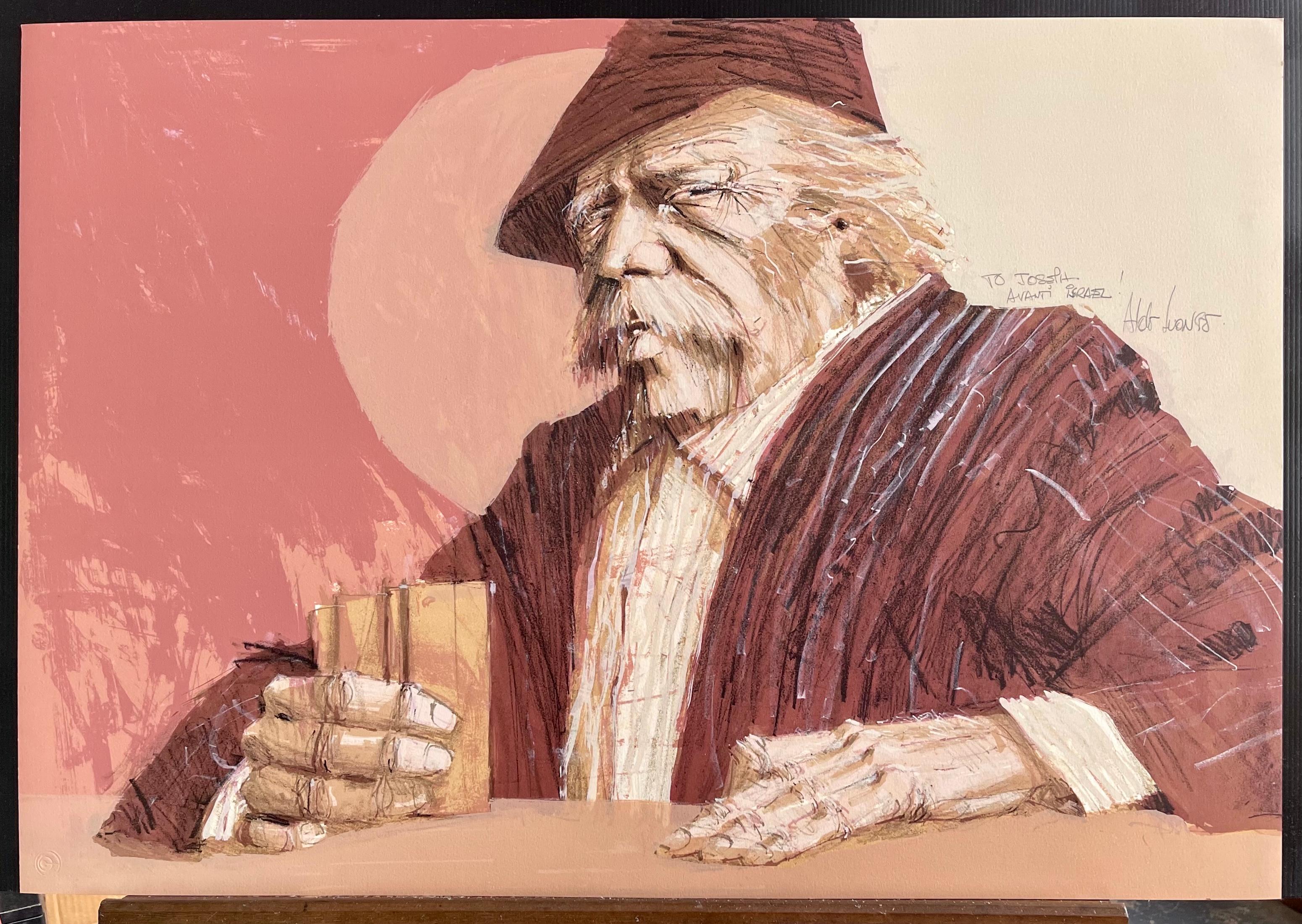 THE HAWK Lithographie signée, Portrait Homme avec Moustache, Poker Face, Rose Brown en vente 4