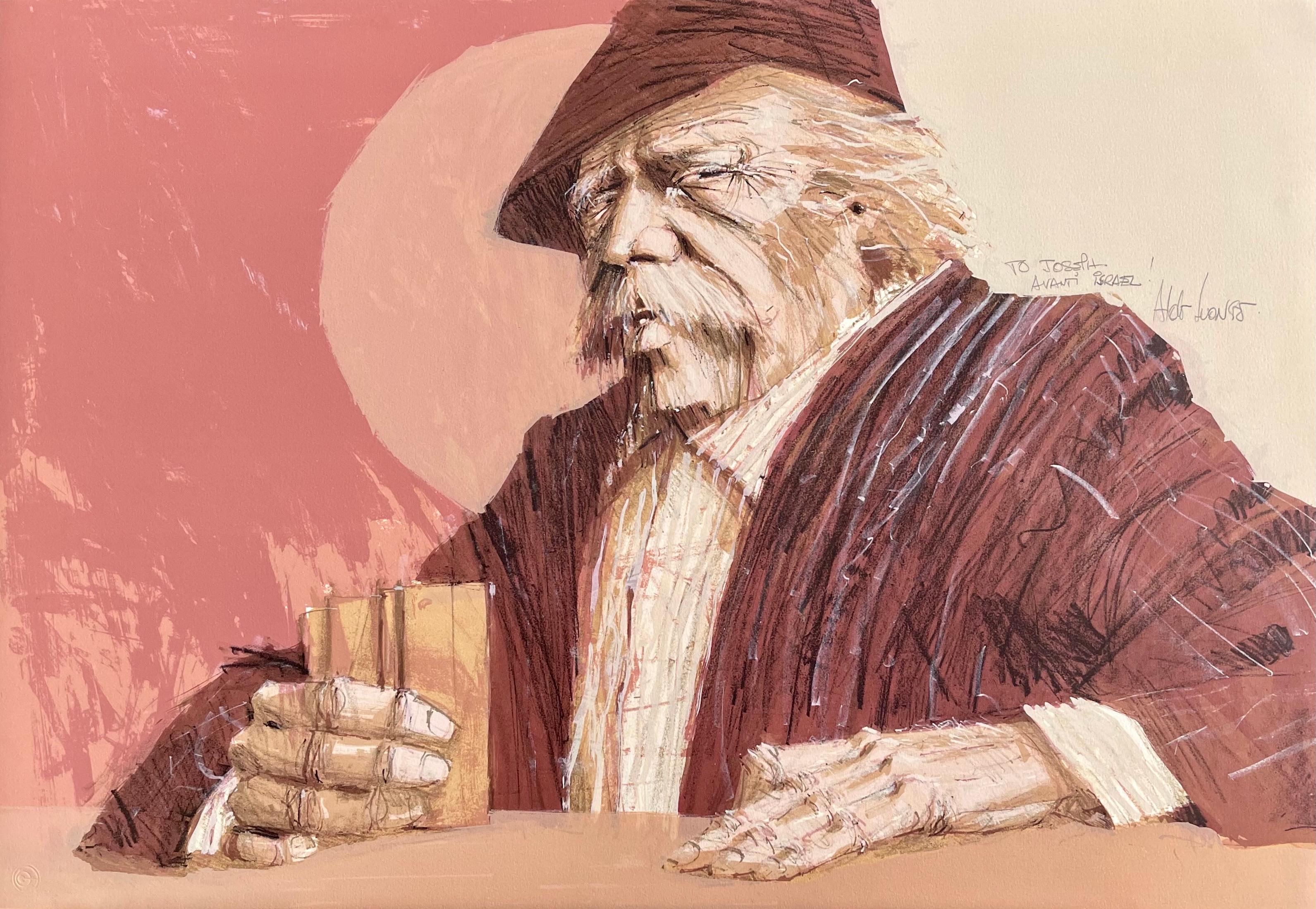 Figurative Print Aldo Luongo - THE HAWK Lithographie signée, Portrait Homme avec Moustache, Poker Face, Rose Brown