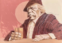 THE HAWK Signed Lithograph, Portrait Man with Mustache, Poker Face, Pink Brown