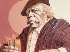 THE HAWK Litografía firmada, Retrato hombre con bigote, cara de póquer, marrón rosado