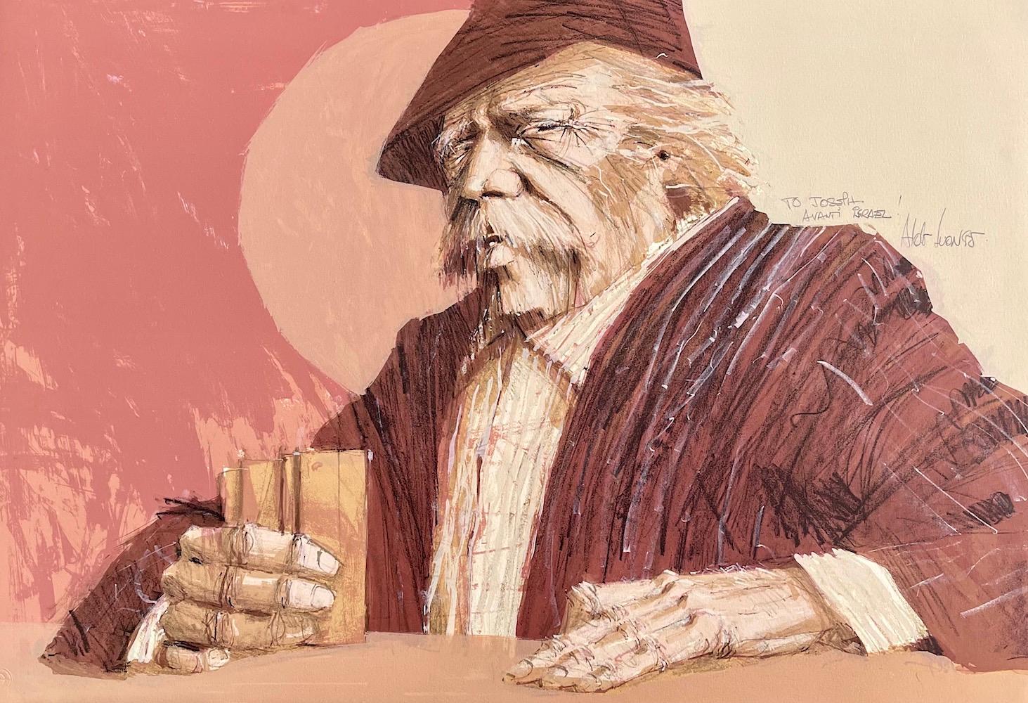 Aldo Luongo Figurative Print - THE HAWK Signed Lithograph, Portrait Man with Mustache, Poker Face, Pink Brown