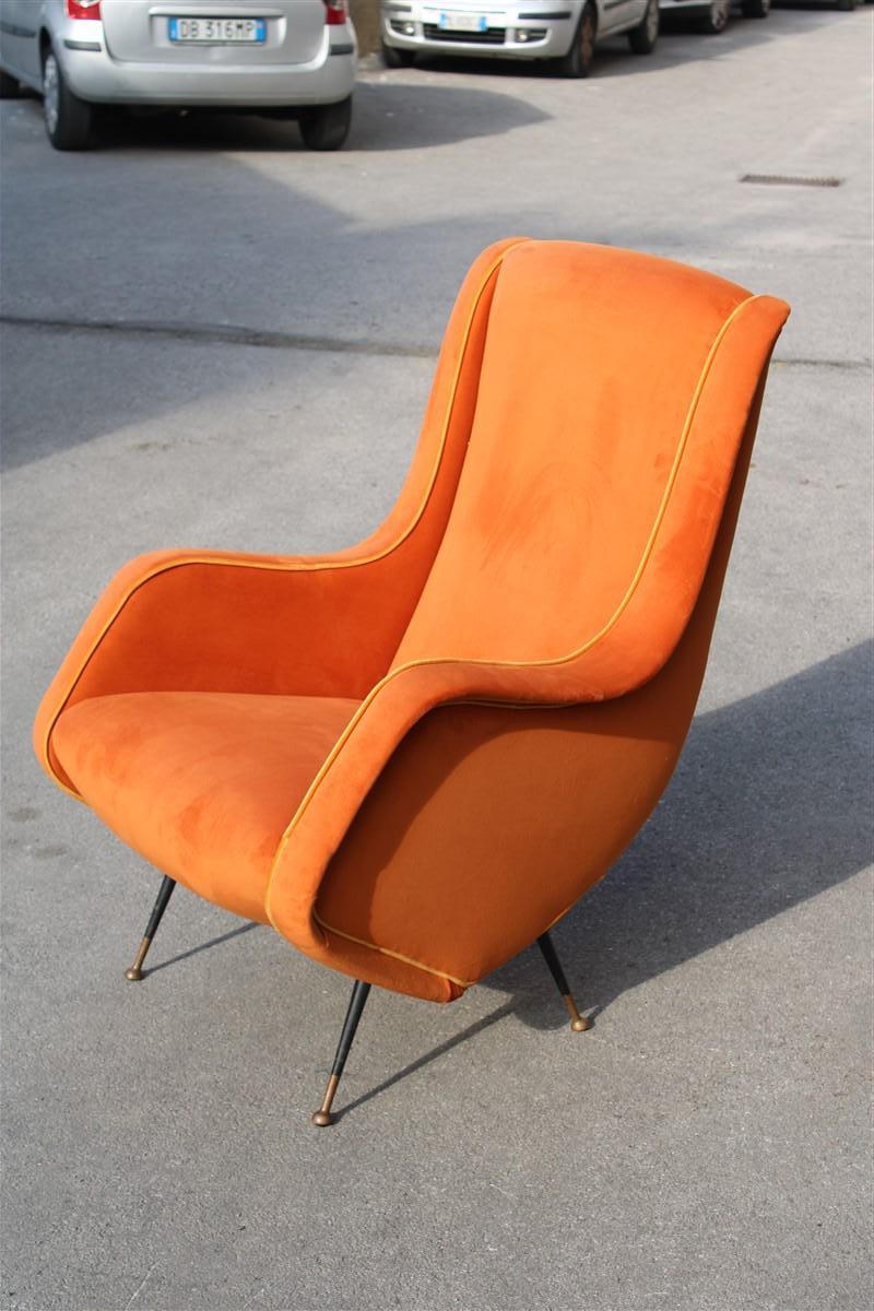 Aldo Morbelli Armchair Orange Yellow Italian Mid-century Design 1950s Brass  Velvet fabric