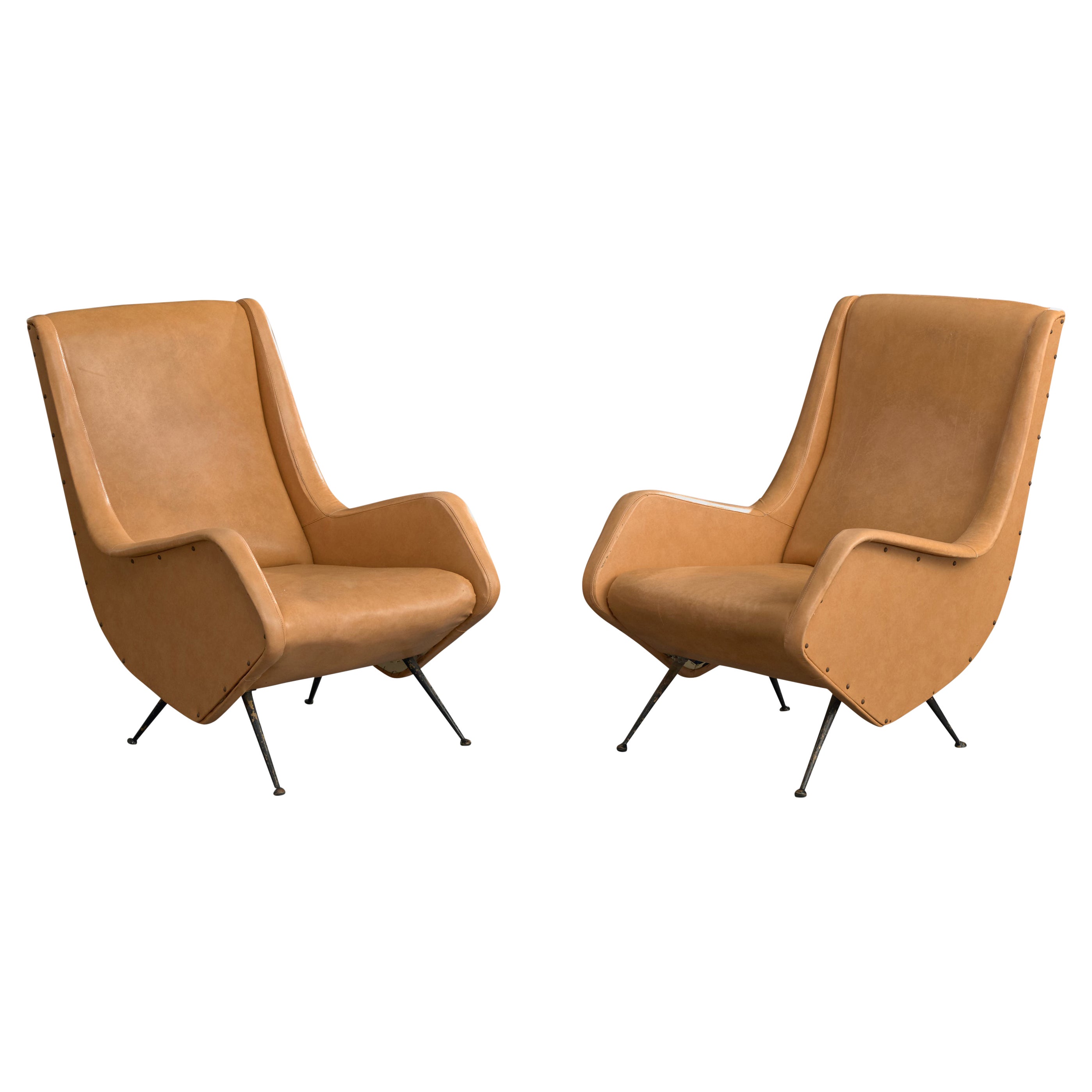 Aldo Morbelli, Lounge Chairs, Vinyl, Brass, Italy, 1950s For Sale