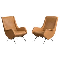Aldo Morbelli, Lounge Chairs, Vinyl, Brass, Italy, 1950s