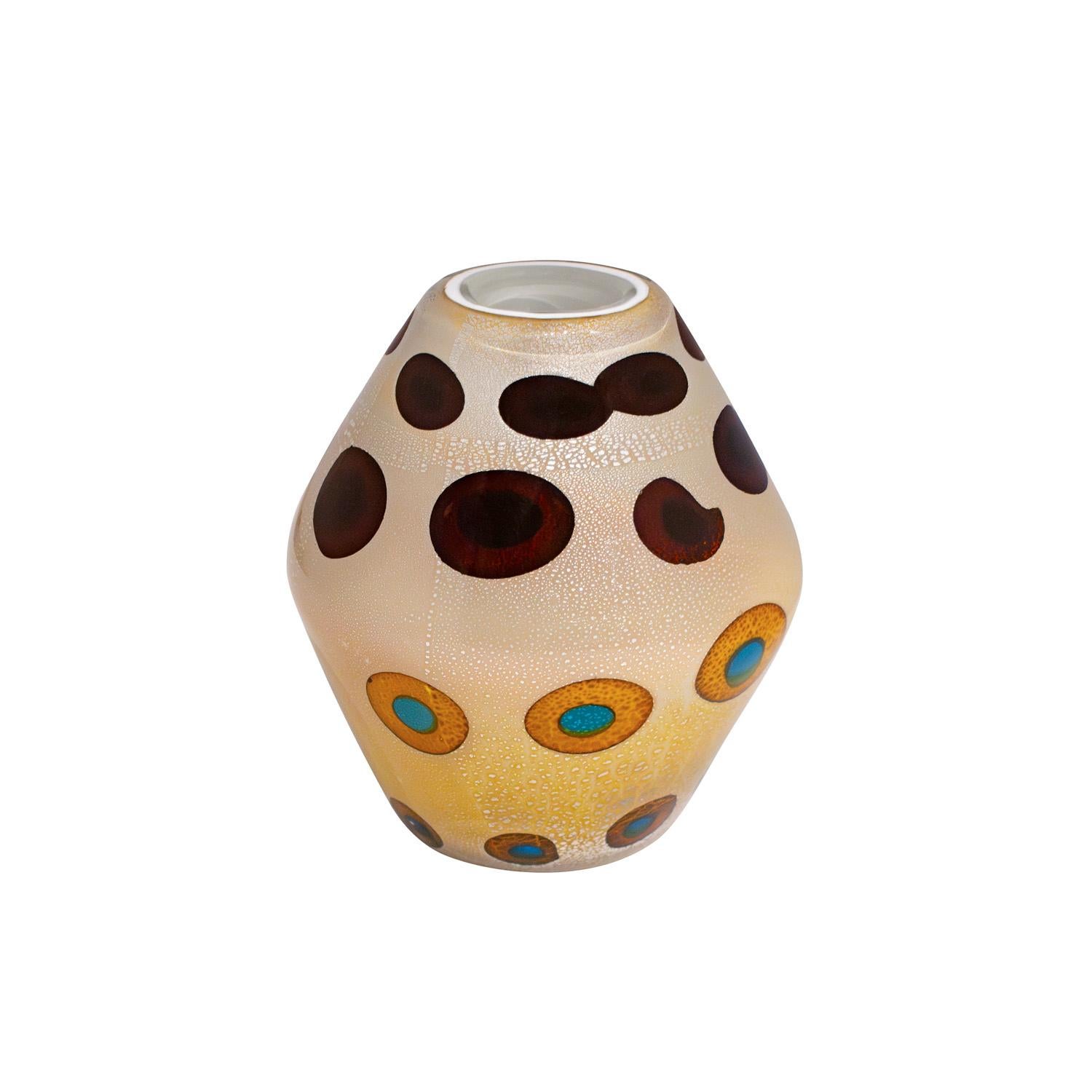 Mid-Century Modern Aldo Nason Hand-Blown Vase in Amber Glass with Murrhines and Silver Foil 1950s For Sale